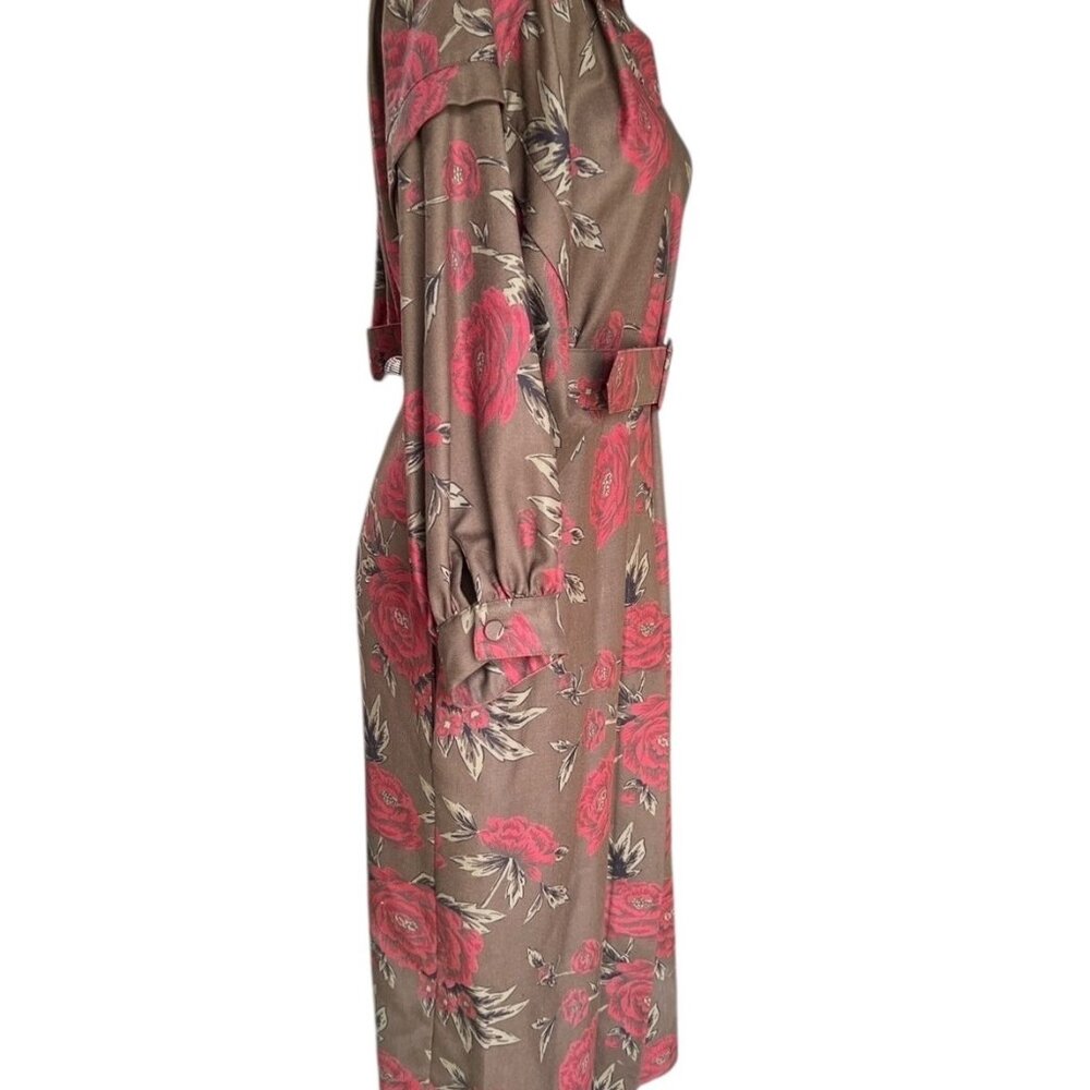 Rickie Freeman Teri Jon Belted 100% Wool Dress Women’s 14 Red Rose Print Brown - Picture 9 of 16